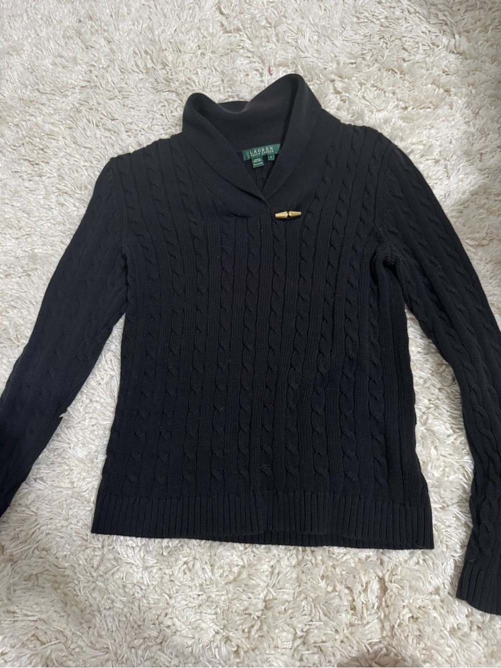 Lauren Ralph Lauren Black Cable-Knit Turtleneck Sweater with Gold Accent